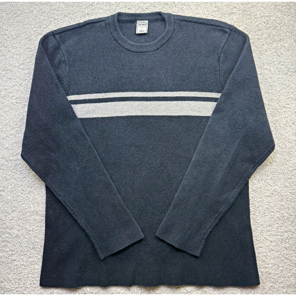 Vintage 2004 Old Navy Gray Striped Crewneck Knit Sweater Mens Size Large Y2K